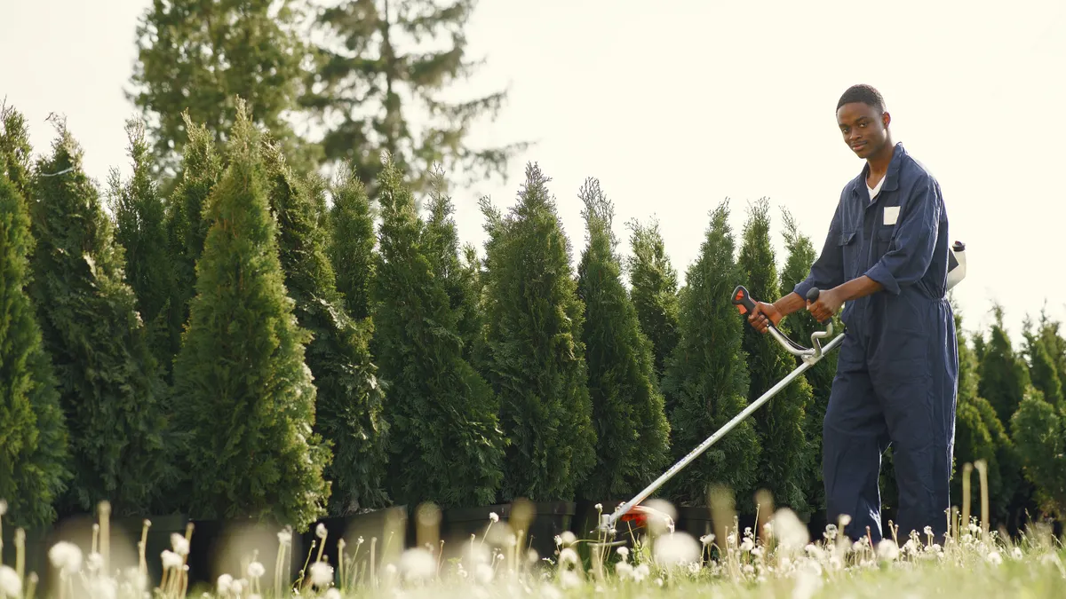 Budget lawn care services for homeowners: what to ask before booking Worker trimming grass with a string trimmer